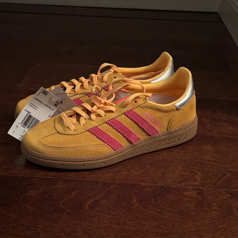 Adidas Spezials Vibrant Yellow with Pink Stripes